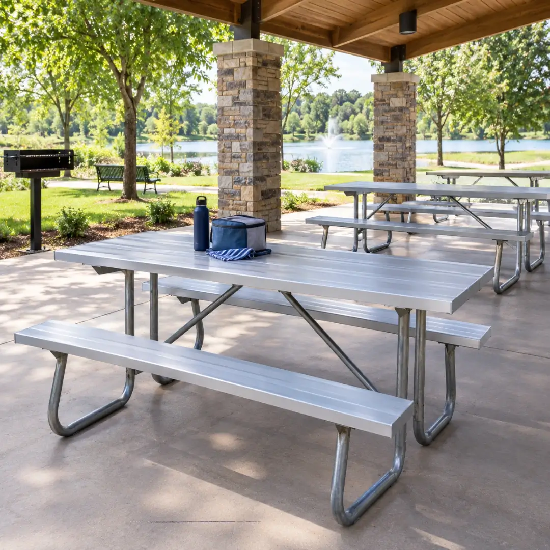 Commercial aluminum picnic tables with attached benches under a shaded park pavilion overlooking a landscaped lake.